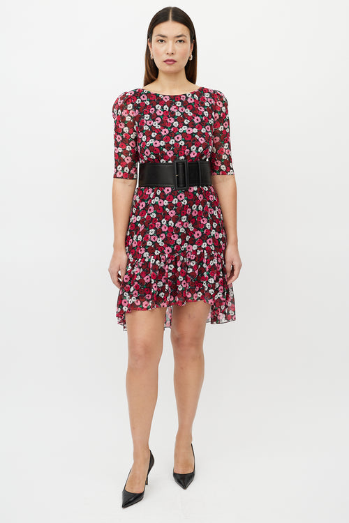 Saint Laurent Red 
Multicolour Silk Floral High Low Dress