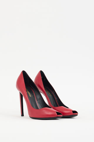 Saint Laurent Red Leather Peep Toe Pump