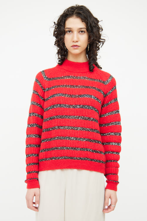 Saint Laurent Red 
Black Sequin Mohair Blend Sweater