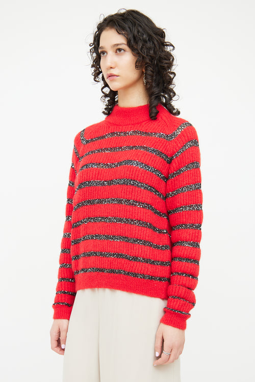 Saint Laurent Red 
Black Sequin Mohair Blend Sweater