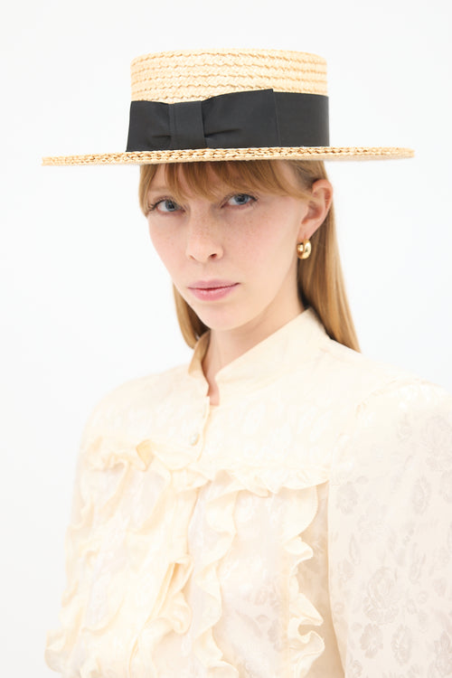 Saint Laurent Vintage Beige 
Black Bow Boater Hat