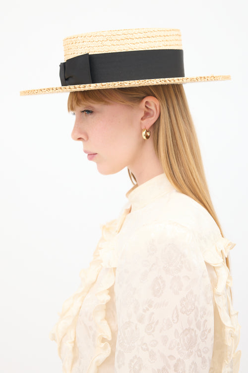 Saint Laurent Vintage Beige 
Black Bow Boater Hat