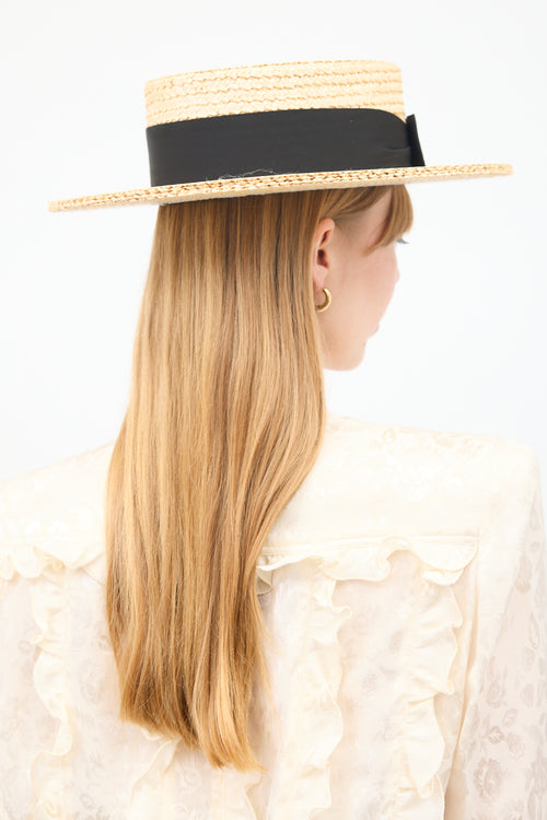 Saint Laurent Vintage Beige 
Black Bow Boater Hat