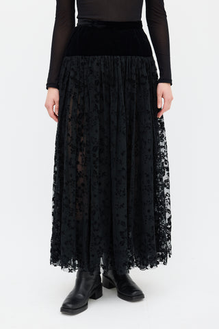 Saint Laurent Vintage Black Velvet 
Mesh Floral Skirt