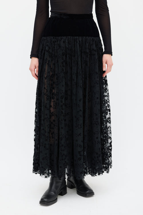 Saint Laurent Vintage Black Velvet 
Mesh Floral Skirt