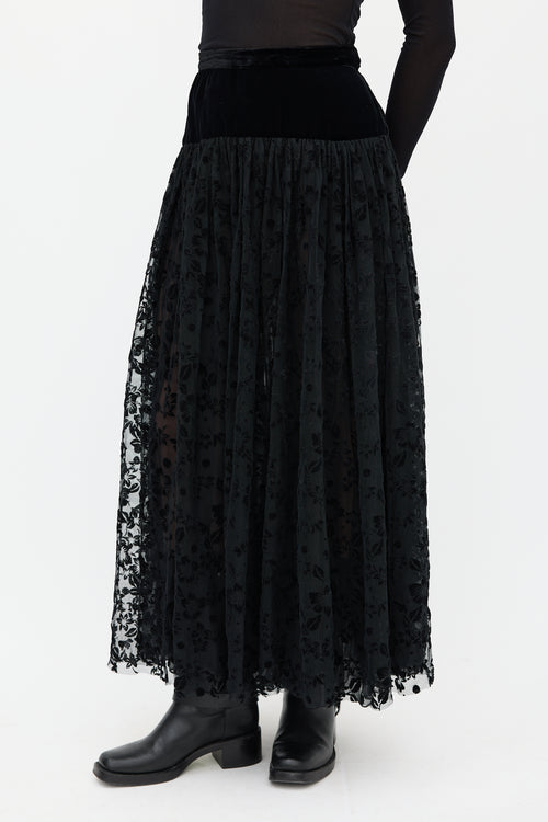 Saint Laurent Vintage Black Velvet 
Mesh Floral Skirt