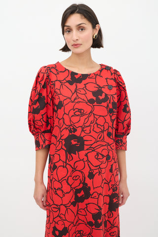 Saint Laurent Vintage Red 
Black Floral Puff Sleeve Dress