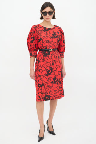 Saint Laurent Vintage Red 
Black Floral Puff Sleeve Dress