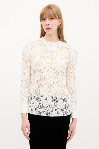 Saint Laurent White Lace Long Sleeve Top