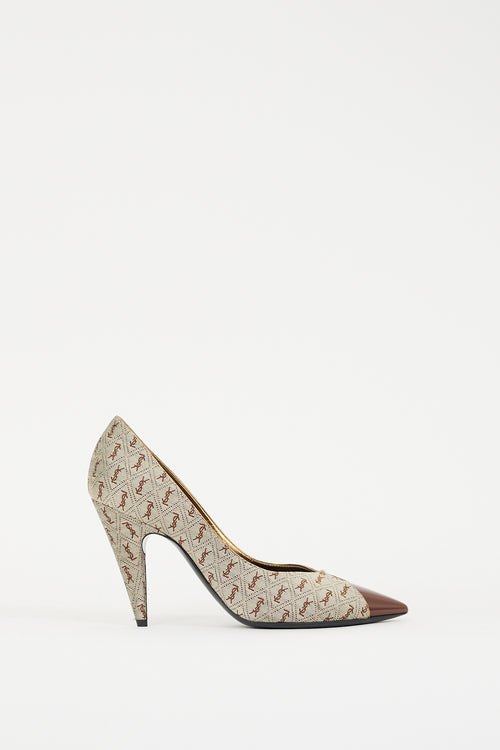 Saint Laurent Beige Canvas 
Brown Leather Monogram Pump