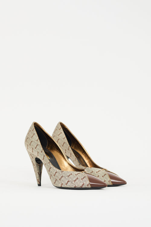 Saint Laurent Beige Canvas 
Brown Leather Monogram Pump