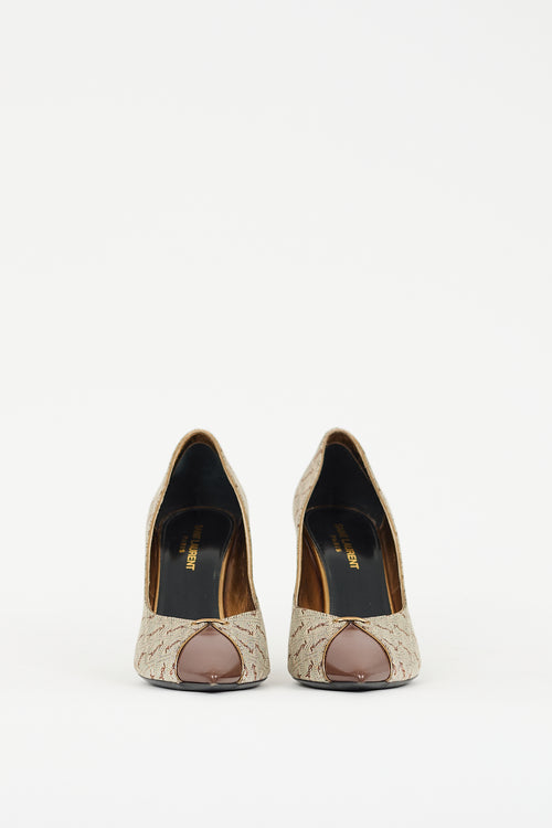 Saint Laurent Beige Canvas 
Brown Leather Monogram Pump