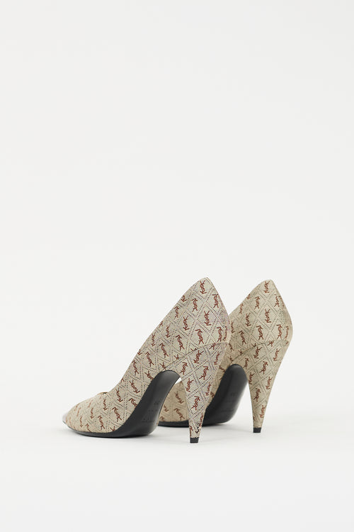 Saint Laurent Beige Canvas 
Brown Leather Monogram Pump