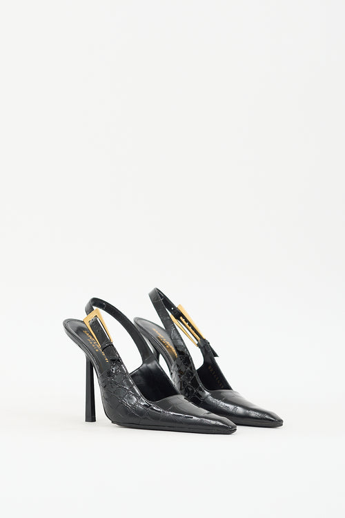 Saint Laurent Black Embossed Patent Leather Graham Slingback Pump