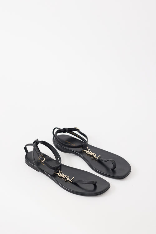 Saint Laurent Black Leather Cassandre T-Strap Sandal