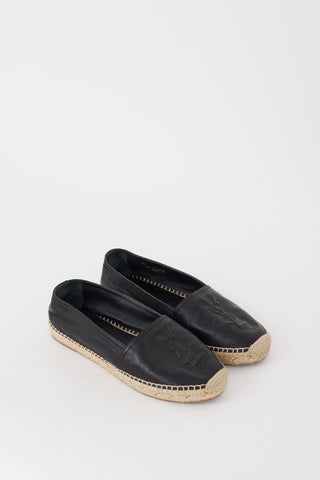 Saint Laurent Black Leather Monogram Espadrille Flat