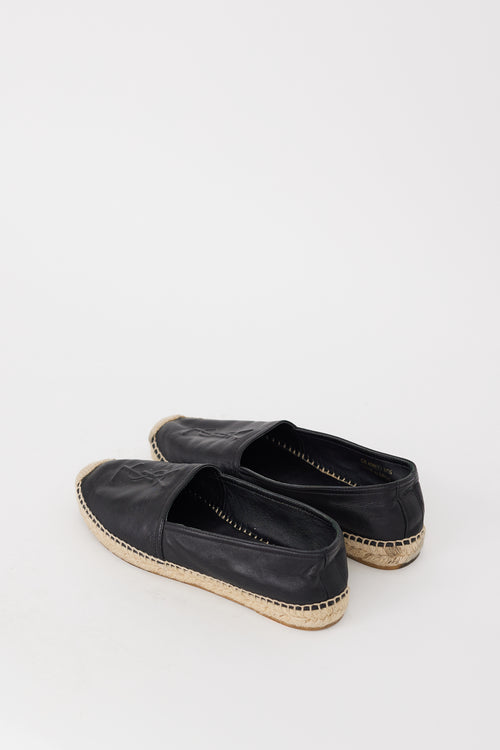 Saint Laurent Black Leather Monogram Espadrille Flat