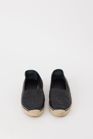 Saint Laurent Black Leather Monogram Espadrille Flat