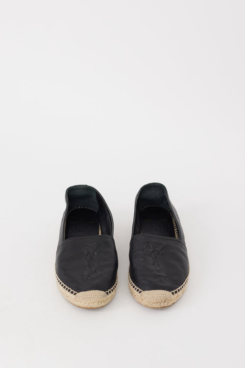 Saint Laurent Black Leather Monogram Espadrille Flat