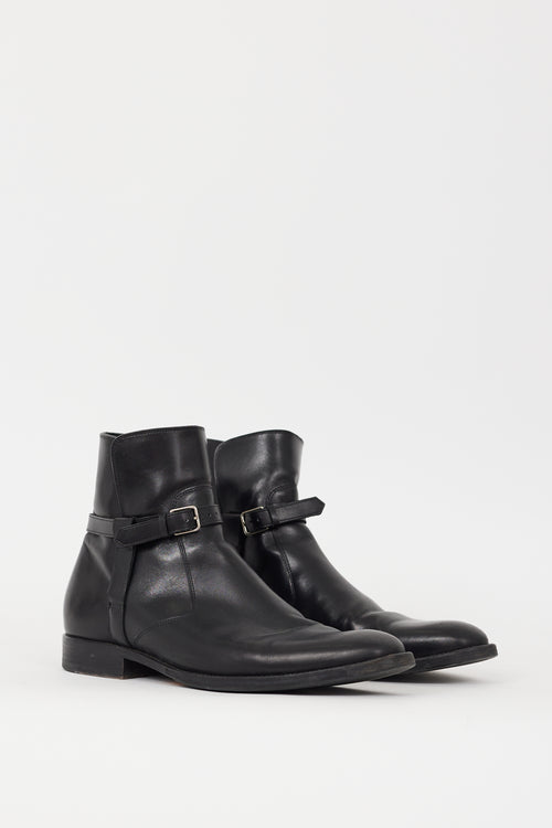 Saint Laurent Black Leather Pointed Toe Strapped Boot