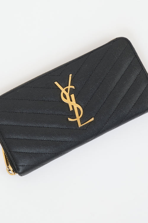 Saint Laurent Black Leather Cassandre Zip Around Wallet