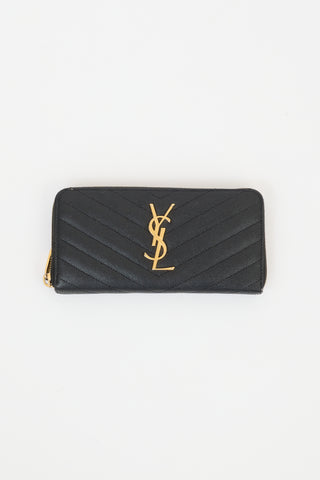 Saint Laurent Black Leather Cassandre Zip Around Wallet