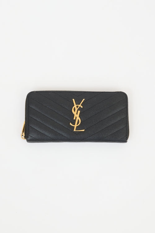 Saint Laurent Black Leather Cassandre Zip Around Wallet