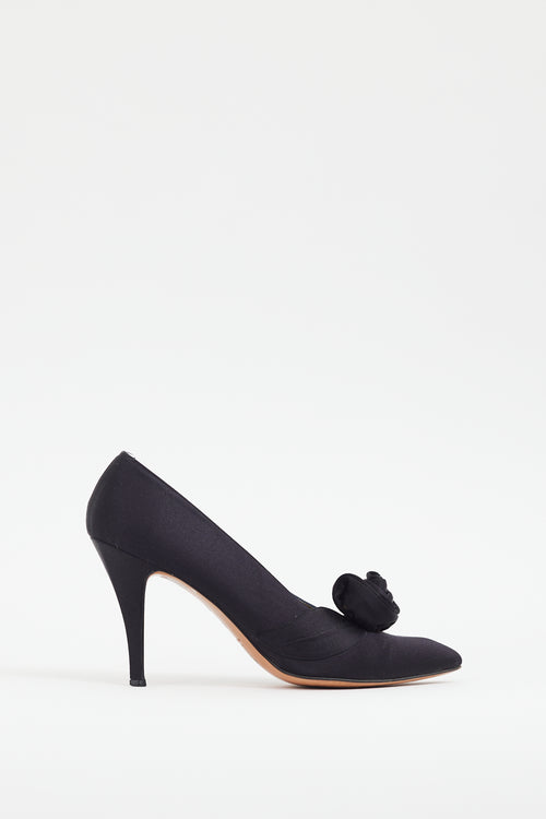 Saint Laurent Vintage Black Satin Rosette Pump