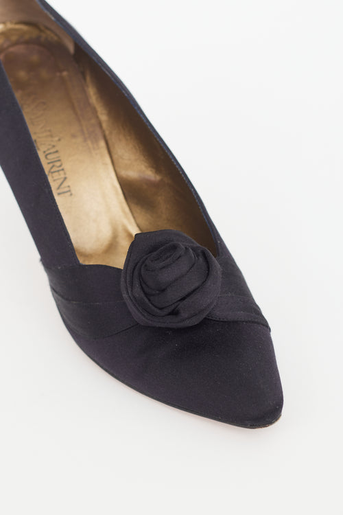 Saint Laurent Vintage Black Satin Rosette Pump