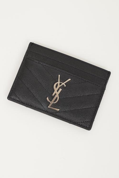 Saint Laurent Black 
Silver Embossed Leather Cassandre Matelassé Cardholder