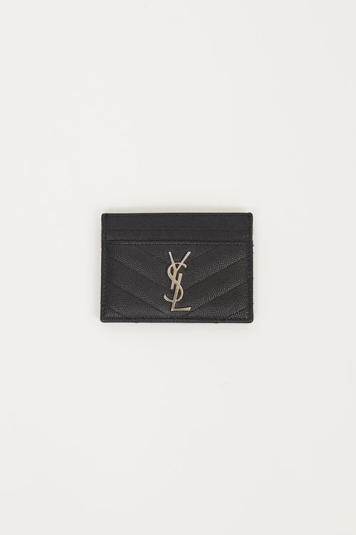 Saint Laurent Black 
Silver Embossed Leather Cassandre Matelassé Cardholder