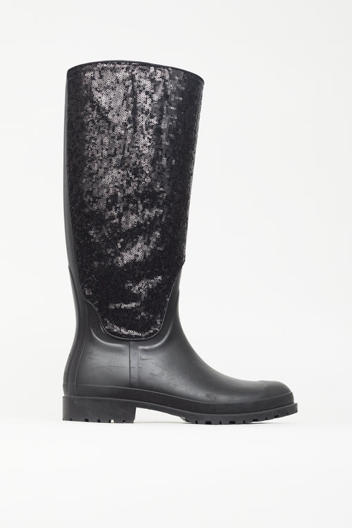 Saint Laurent Black Sequin Rubber Boot