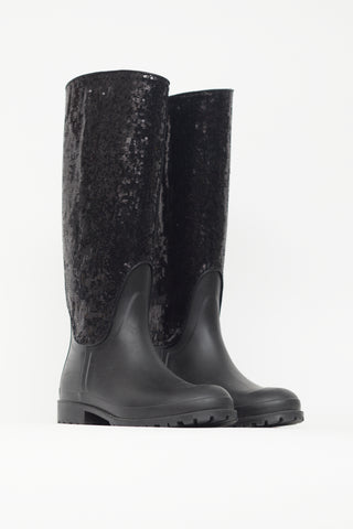 Saint Laurent Black Sequin Rubber Boot