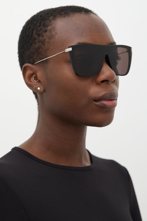 Saint Laurent Black 
Silver SL1T Square Shield Sunglasses