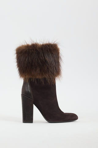 Saint Laurent Brown Suede 
Fur Heeled Boot