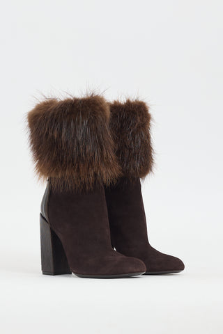 Saint Laurent Brown Suede 
Fur Heeled Boot