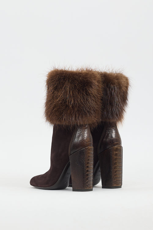 Saint Laurent Brown Suede 
Fur Heeled Boot