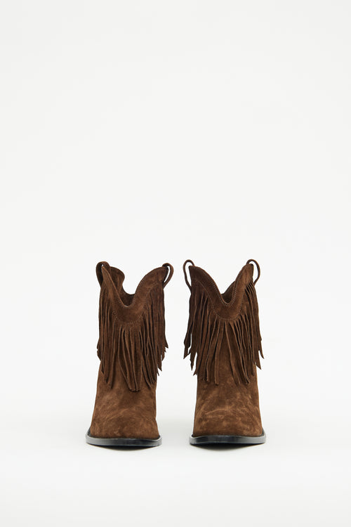 Saint Laurent Brown Suede Heeled Fringe Bootie