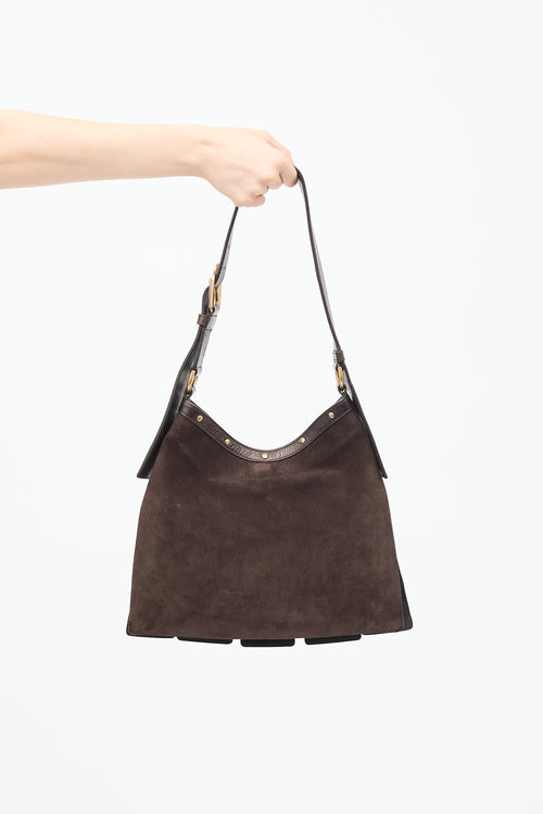 Saint Laurent Dark Brown Leather 
Suede Sparte Studded Shoulder Bag