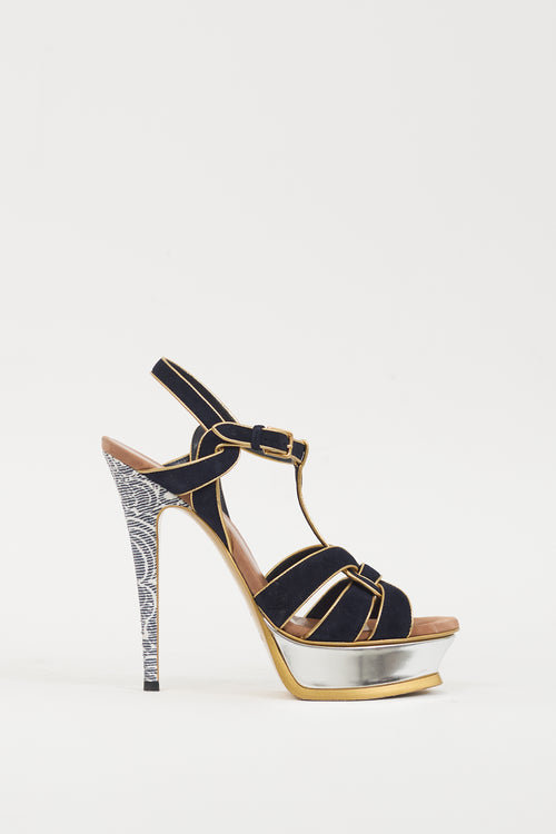 Saint Laurent Navy 
Multicolour Leather Metallic Tribute Sandal