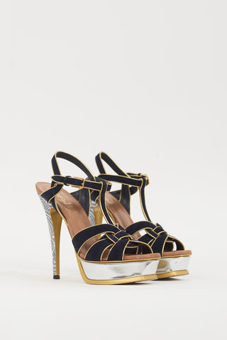 Saint Laurent Navy 
Multicolour Leather Metallic Tribute Sandal