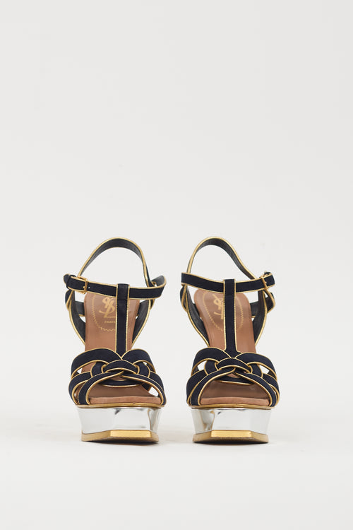 Saint Laurent Navy 
Multicolour Leather Metallic Tribute Sandal