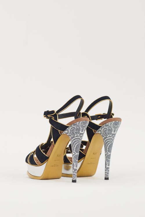 Saint Laurent Navy 
Multicolour Leather Metallic Tribute Sandal