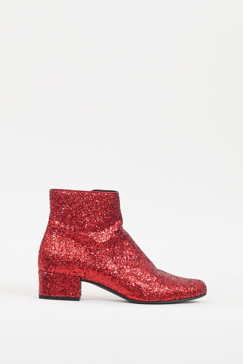 Saint Laurent Red Glitter Caleb Ankle Boot