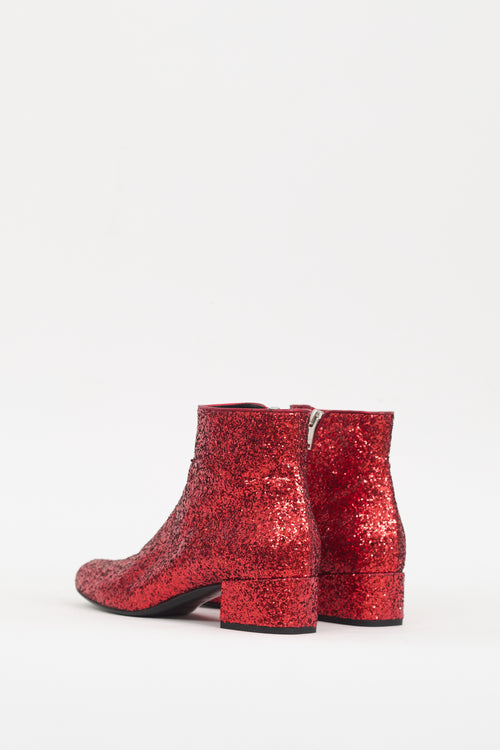 Saint Laurent Red Glitter Caleb Ankle Boot