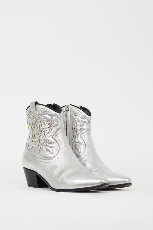 Saint Laurent Silver Leather Rock 40 Western Boot