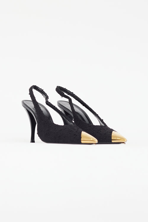 Saint Laurent Black Tweed Pointed Toe Slingback Pump