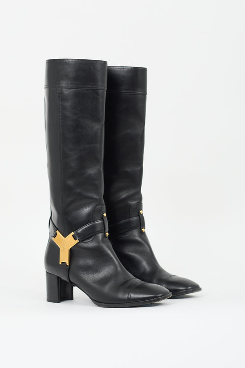 Saint Laurent Black Leather Logo Buckle Knee High Boot