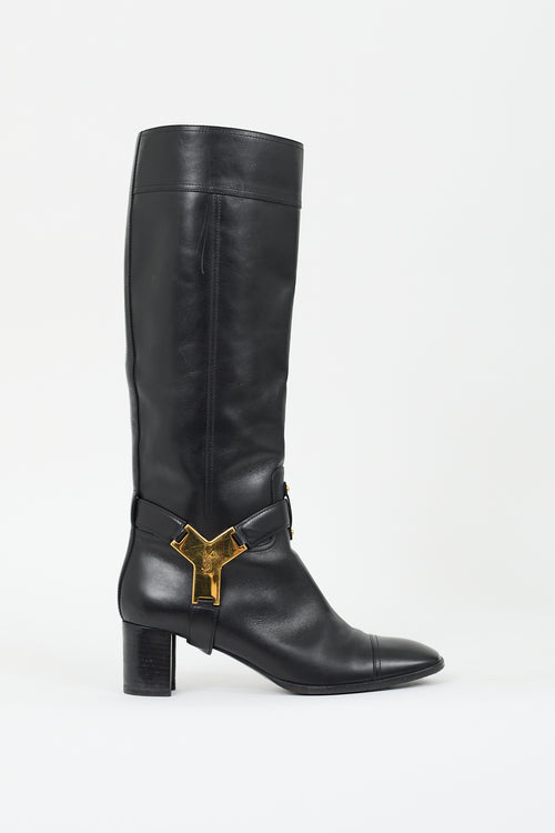 Saint Laurent Black Leather Logo Buckle Knee High Boot