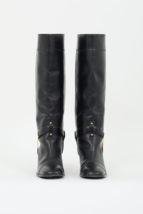 Saint Laurent Black Leather Logo Buckle Knee High Boot